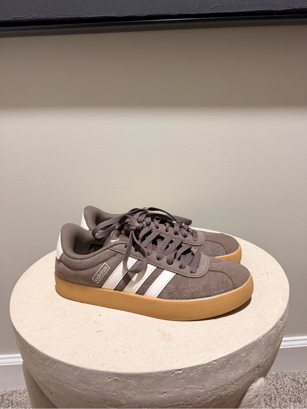 adidas Men’s Taupe Suede Sneakers with White Stripes